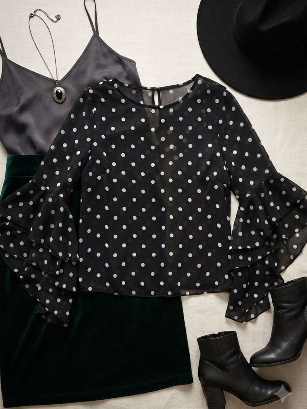 Black White Polka Dot Flowy Sleeve Sheer Blouse